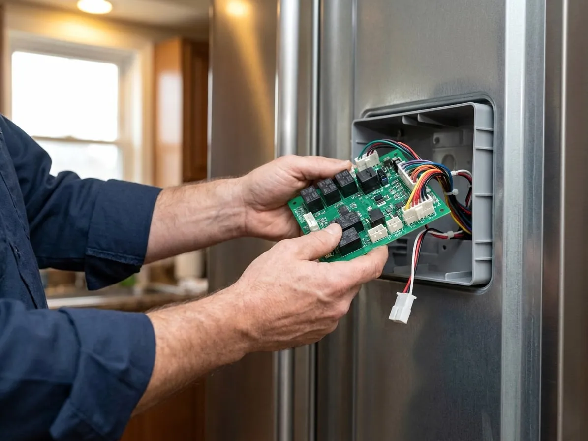 Refrigerator main control board with relays and harness connectors held in two hands