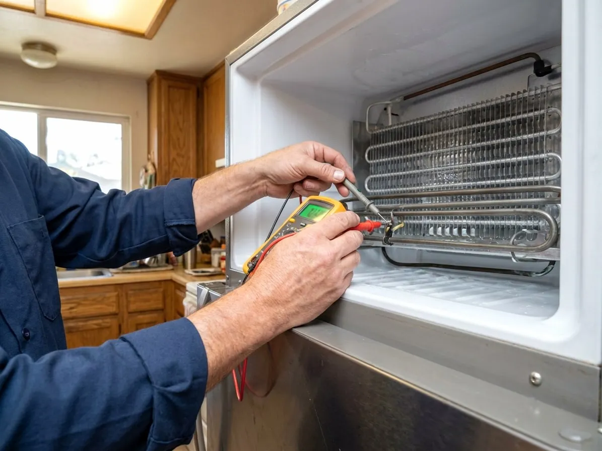 Multimeter probes on the defrost heater under a cleared evaporator coil