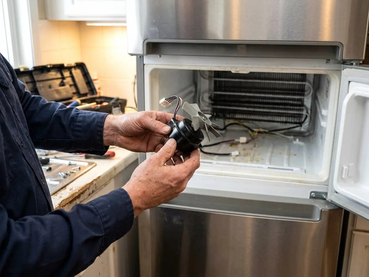 Evaporator fan motor removed from an open freezer
