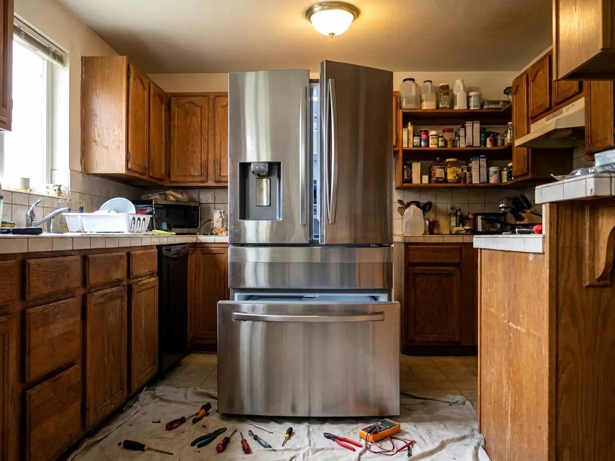Stainless French door refrigerator with a middle drawer, bottom freezer and door dispenser