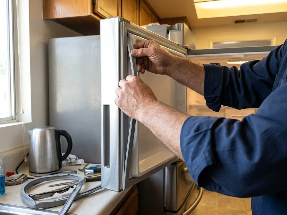 New magnetic door gasket being pressed into a refrigerator door