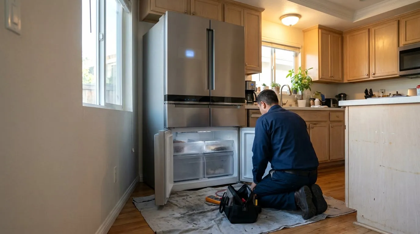 Technician kneeling on a drop cloth in front of a stainless French door refrigerator with the freezer drawer open