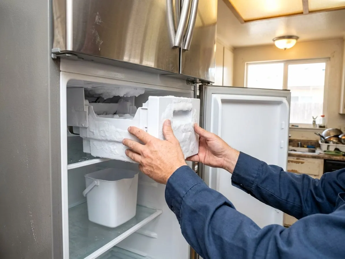 Ice maker assembly crusted with frost being slid out of the ice compartment in a French door refrigerator