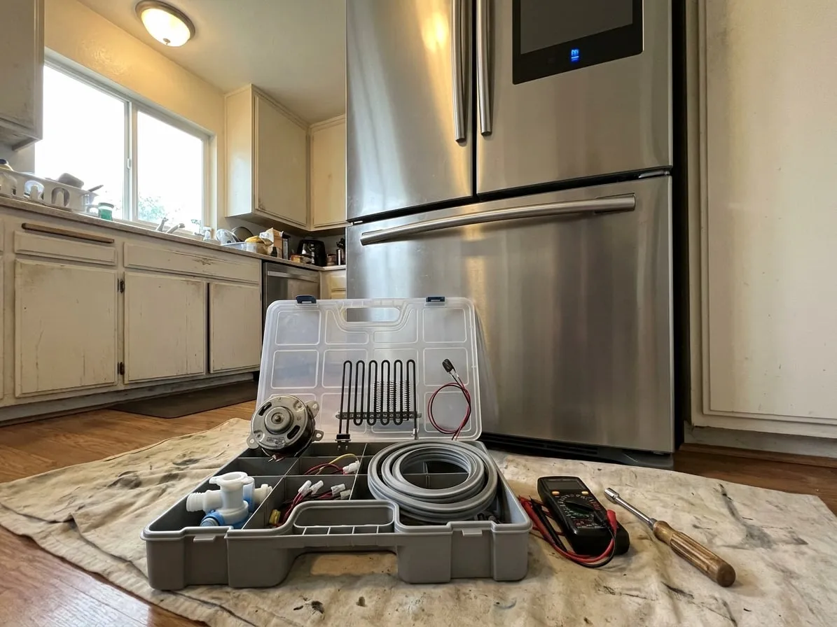 Parts organizer with a fan motor, defrost heater, sensor and water valve on a drop cloth in front of a refrigerator