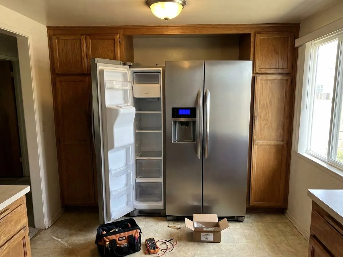 Stainless side-by-side refrigerator with an ice and water dispenser in a kitchen alcove
